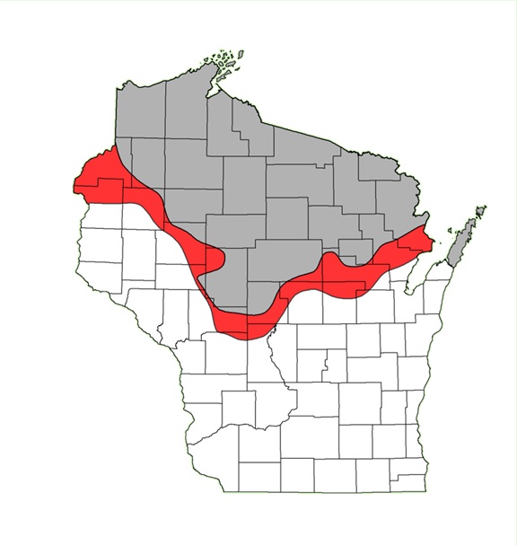 a map showing the current range of snowshoe hares in Wisconsin (gray), and areas of range contraction since 1980 (red).